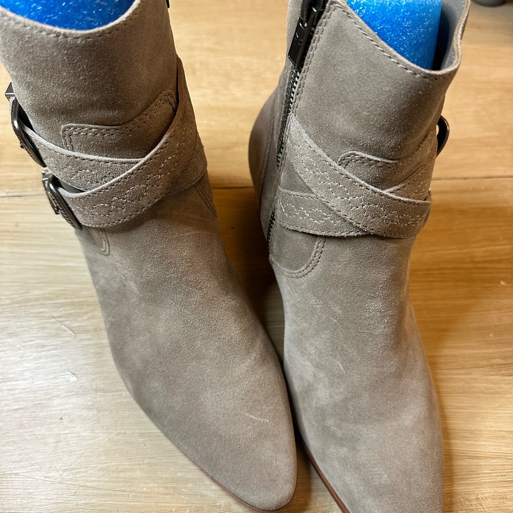 Frye Tan Ankle Boots with Suede Finish and Decorative Straps